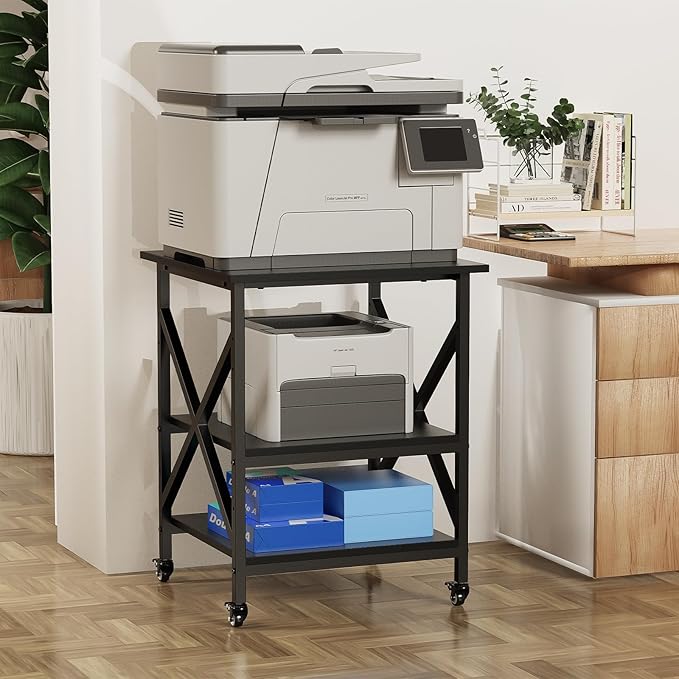 Ollieroo 3 Tier Printer Stand, Large Table with Wheels, Rolling Cart with Height Adjustable Middle Storage Shelf, 23.6 x 23.6 x 30.3 Inches Shelf for Home Office, Black