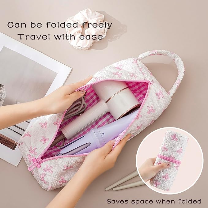 Quilted Hair Tools Travel Bag，Hair Styling Accessories Storage Case for Shark FlexStyle, Dyson Airwrap Hair Dryer, Curling Iron, Revlon Hair Tools，Portable and foldable(01Pink Bow)