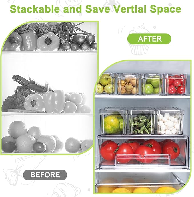 YINGRACE 10 Pack Fridge Organizer Bins, Stackable Refrigerator Organizers and Storage, With a Pull-out Large Drawer, BPA-Free Clear Containers For Fruit, Vegetable, Drinks