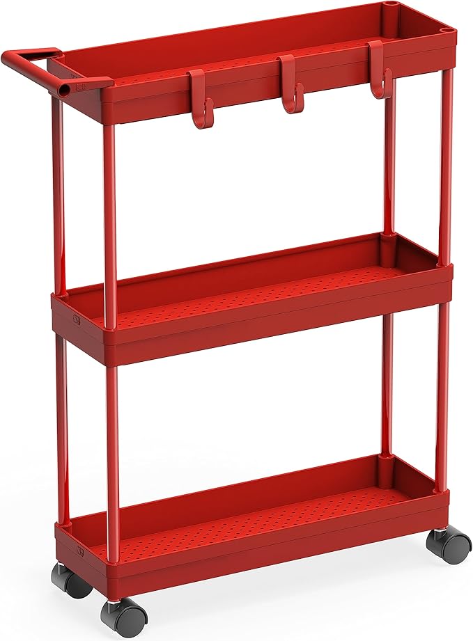 Simple Houseware 3-Tier Slim/Narrow Storage Cart with Handle, 5.5'' Wide x 26.5'' Height Rolling Organizer for Kitchen, Bathroom, Laundry Room - Red