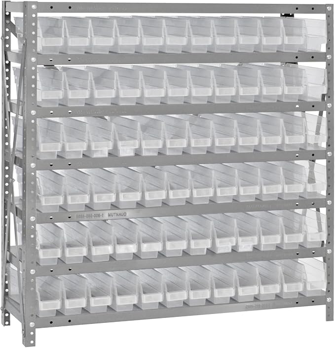 Quantum Storage Systems 1239-100CL Clear-View Sloped Shelving Unit with 4" Shelf Bins, 72 QSB100 Shelf Units, 12" D x 36" W x 39" H