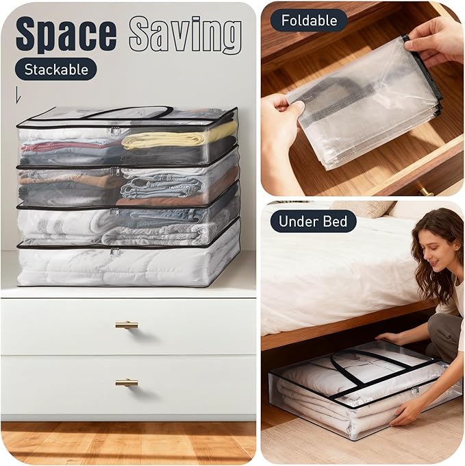 Clear Under Bed Storage Containers - 8 Pack Large Capacity Clothes Storage Bags with Lid & Sturdy Handles, Foldable Moving Bags, Clothing Organizer Totes for Bedding, Comforter, Sheet（90 L）