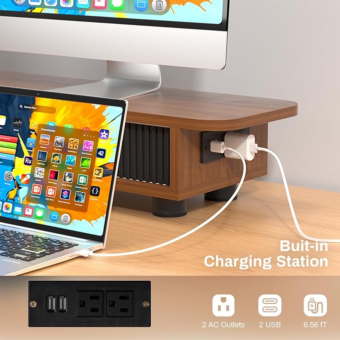 Artswish Monitor Riser Stand with Charging Station & RGB Light, Adjustable Angle Dual Monitor Stand for Desk, Computer Desk Shelf with Sliding Door, Desk Organization for Top of Desk, Walnut cOLOR