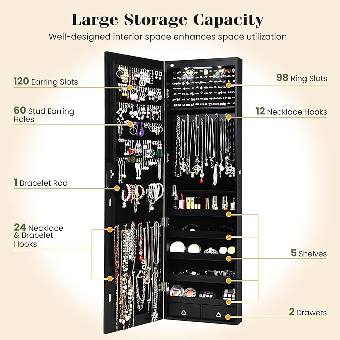 Giantex Wall Door Mounted Jewelry Armoire Cabinet with 47.5" H Full Length Mirror, 2 LEDs Lockable Jewelry Organizer Box with Bracelet Rod, 2 Drawers, Large Storage Capacity (Black)