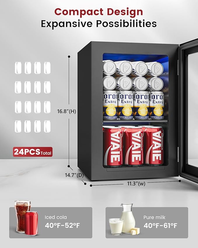 Beverage Cooler Refrigerator - 24 Cans Mini Beverage Fridge with Temperature Control for Beer Soda Water Drink, Small Wine Cellar Beverage Refrigerator for Bedroom Office Home Bar