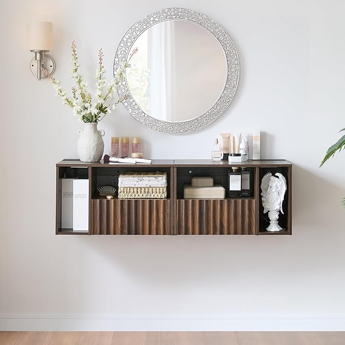 Modern Walnut Fluted Floating Nightstand with Charging Station, NightStand with Drawers, Bedside with USB Ports and Outlets, Bedroom Furniture (Right)
