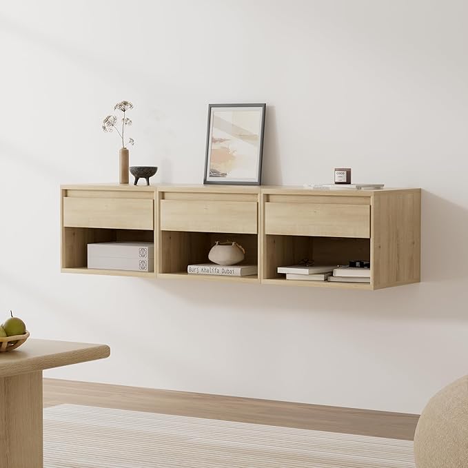 Floating Nightstand Set of 3, Wall Mounted Bedside Table with Storage Drawer and Open Shelf, Modern Night Stand withHandless Design for Living Room, Bedroom, Dorm, Light Oak