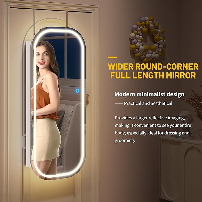 LVSOMT LED Mirror Jewelry Cabinet, Wall/Door Mount Jewelry Mirror Organizer, Rounded Full Length Mirror with Storage, Lockable Jewelry Armoire, 16" Wide, Foldable Shelf, Interior Mirror, White