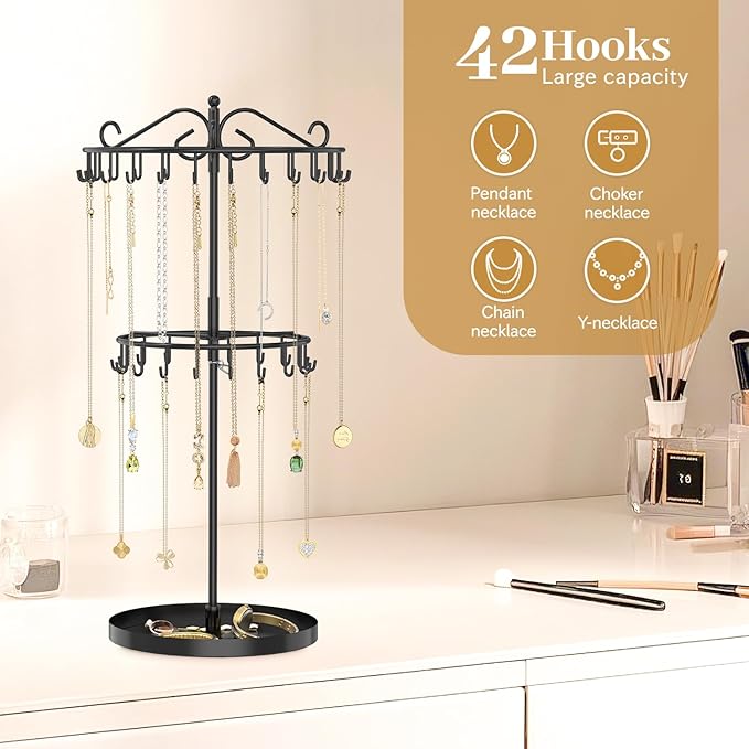 MODOWEY Rotating Necklace Holder Organizer Display Stand with 42 Hooks, 2 Tier Adjustable Metal Necklace Tree Rack with Jewelry Tray for Men Women, Tall Bracelet Storage Hanger for Selling, Black