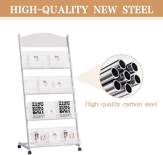 lesolar Floor-Standing Magazine Rack 4-tier Newspaper Holder Book Display Shelf Brochure Display Stand Floor Suitable for Exhibitions Shopping Malls Hospitals Offices School（Silvery