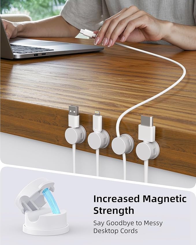 Cord Organizer, Rotatable Cable Organizer 8 Pack, No-Residue Adhesive Spring Cable Clips, Cord Holder for Nightstand, Kitchen, Office Accessories and Car (White)