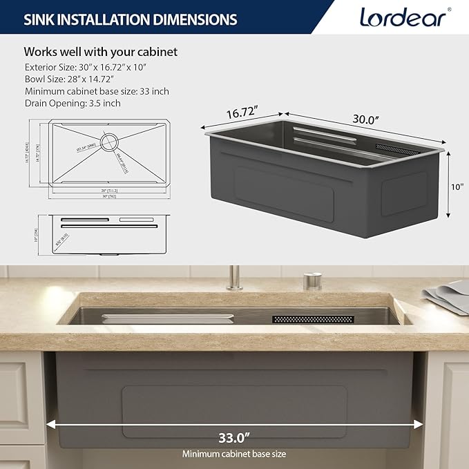 Lordear 30 Inch Undermount Waterfall Kitchen Sink - 30 Inch Undermount Kitchen Sinks Workstation 16 Gauge Single Bowl Handmade Under Counter Smart Kitchen Sink