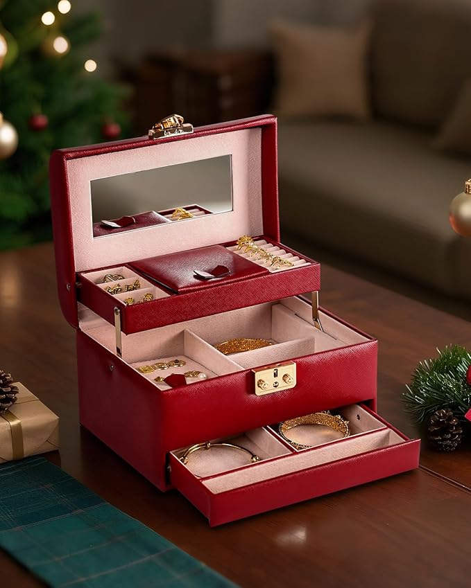 CASEGRACE Jewelry Box,3 Layers Leather Jewelry Storage Box with Lock, Mirror,Jewelry Storage Case for Necklaces Earrings Bracelets and Rings