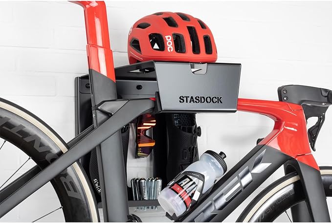 Stasdock Wall Bike Rack | Bike Storage Wall Mount System | For Race Bicycles (Happy Black) and Mountain Bikes | Bike Shelf | Indoor bike wall bracket | Store your helmet and shoes | Home and Garage