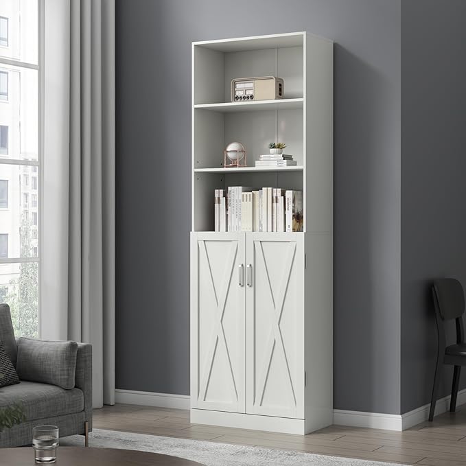 Loomie Industrial Bookshelf with Door, 6 Tier Farmhouse Book Shelf with Adjustable Shelves,70" Tall Display Etagere Bookcase,Floor Standing Unit Book Case Furniture for Home Office,Living Room (White)
