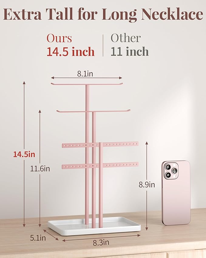 pickpiff Jewelry Stand Holder Organizer: 14.5" Sturdy Hanger for 80 Pcs Jewelry, Pink Jewlery Tower for Display Necklace, Earring, Bracelet, Watch