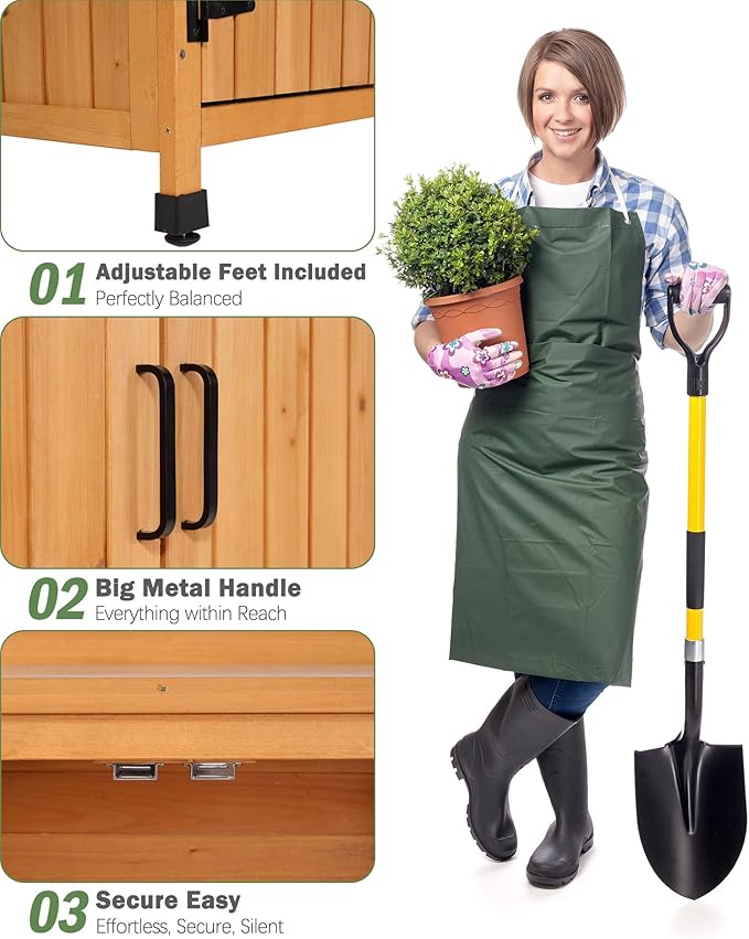 Outdoor Storage Cabinet with Metal Work Top|Waterproof Wooden Potting Bench|Spacious Patio Cabinet with Raised Side Rail for Garden Tools, Backyard,Lawn Gardening|Wood Outdoor Cabinet
