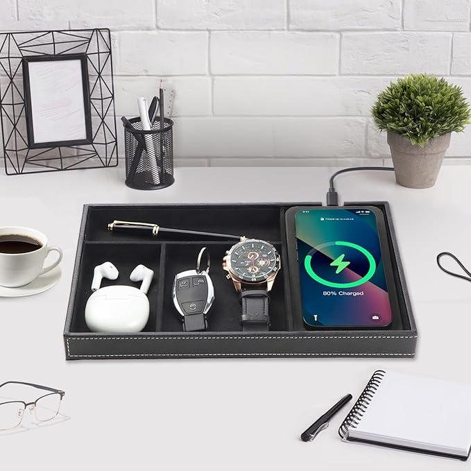 TopMade Valet Tray with Wireless Charging Pad Nightstand Organizer, Leather Desktop Storage Dresser Organizer Charging Station, Jewelry Box Catchall Bedside Vanity Tray for Men Women(Black)
