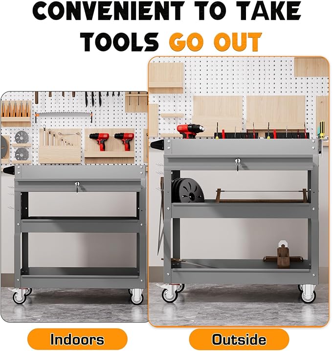 3 Tier Tool Cart on Wheels with Drawers - Three Tier Rolling Cart with Lockable Storage - Mechanic Tool Chest - Tool Chest with Wheels Used in Garage, Indoors, Workshop (Gray)