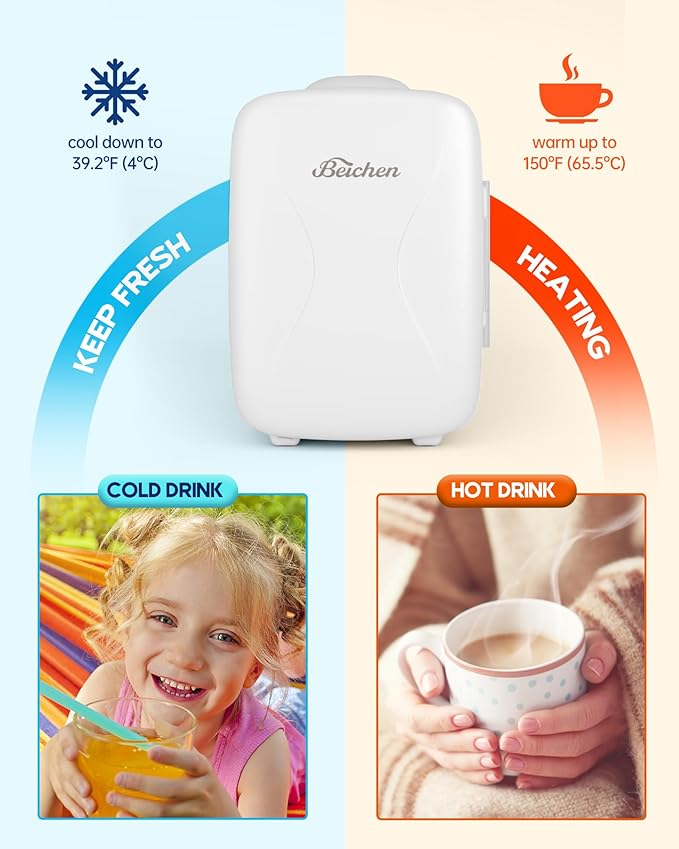 Mini Fridge [Upgrade], Small Fridge Rapid Cooling 4 Liter/6 Cans Skincare Fridge, Cooler and Warmer Refrigerators for Bedroom, Cosmetics, Office and Car (White)