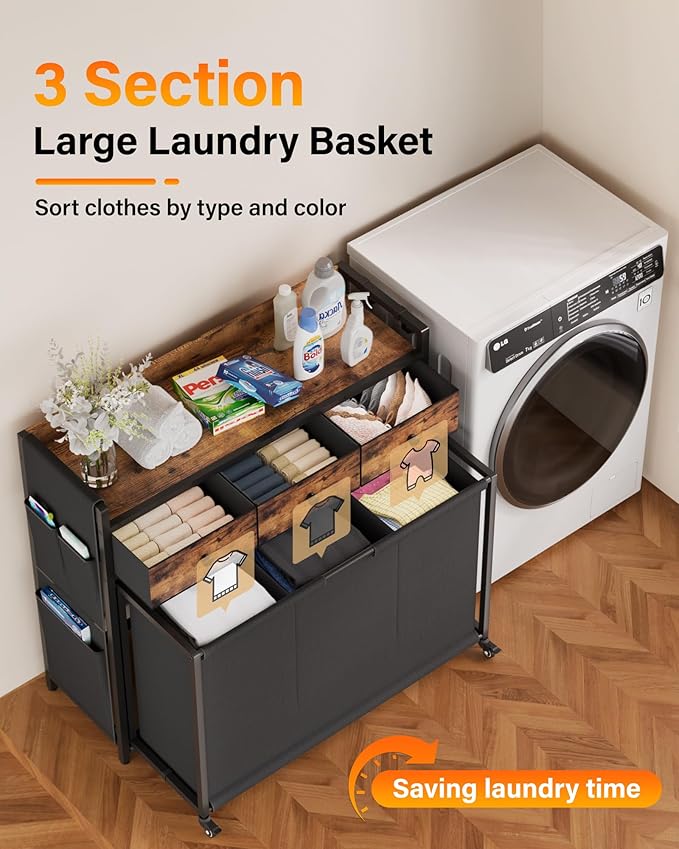 Laundry Hamper Sorter 3 Section: Rolling Laundry Basket Organizer with Wheels for Room Organization and Storage - Clothes Hamper with Shelf & Oxford Fabric Drawers & Bags