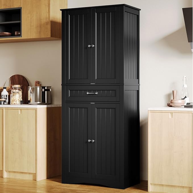 Gizoon 71'' Kitchen Pantry Storage Cabinet, Freestanding Pantry Organizers and Storage Cabinet with 4 Doors and 4 Adjustable Shelves, Tall Cabinet with Large Drawer for Kitchen, Living Room, Bathroom