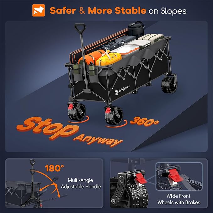 48" L Folding Beach Wagon Cart Foldable, 560lbs Weight Capacity 300L Heavy Duty Collapsible Wagons with Big All-Terrain Wheels, Utility Carts for Groceries, Shopping, Camping, Sports - Grey&Black