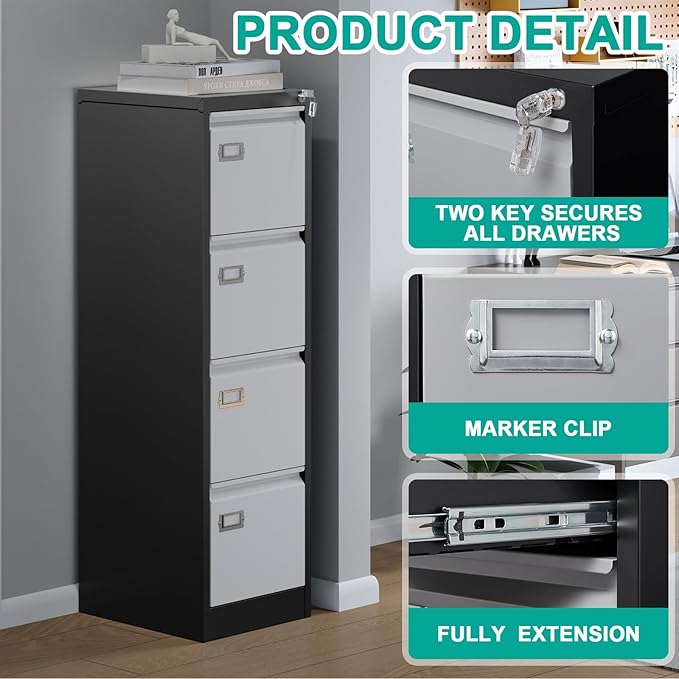SISESOL 4 Drawer Vertical File Cabinet with Lock,Steel Filing Cabinet, Metal Filing Cabinets for Home Office Organizer Storage Cabinets Letter Size/A4/Legal,-Assembly Required