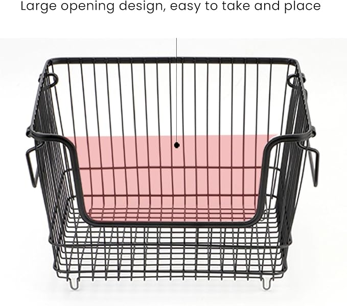 Tyenaza Freezer Organizer Bin Keep Tidy Metal Stackable Fruits Meat Wire Basket for Kitchen Home Use L Black