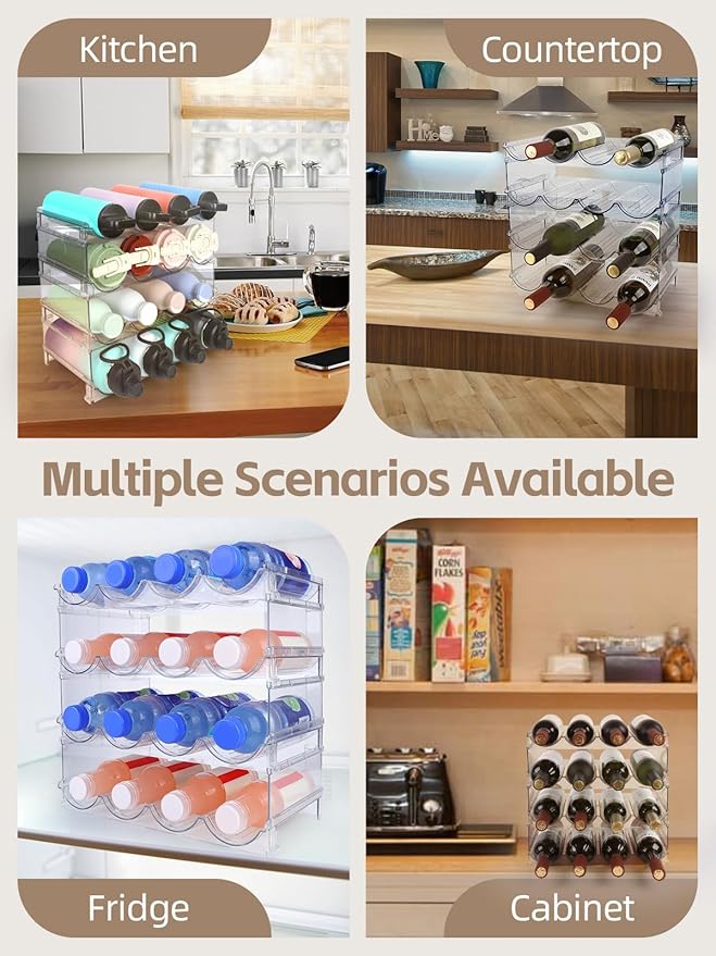 Water Bottle Organizer - 4 Pack Clear Stackable Bottle Storage Rack and Wine Rack for Stanley Yeti Bottle and Other Tumbler Organizer for Kitchen Cabinets, 4 Tier Hold 16