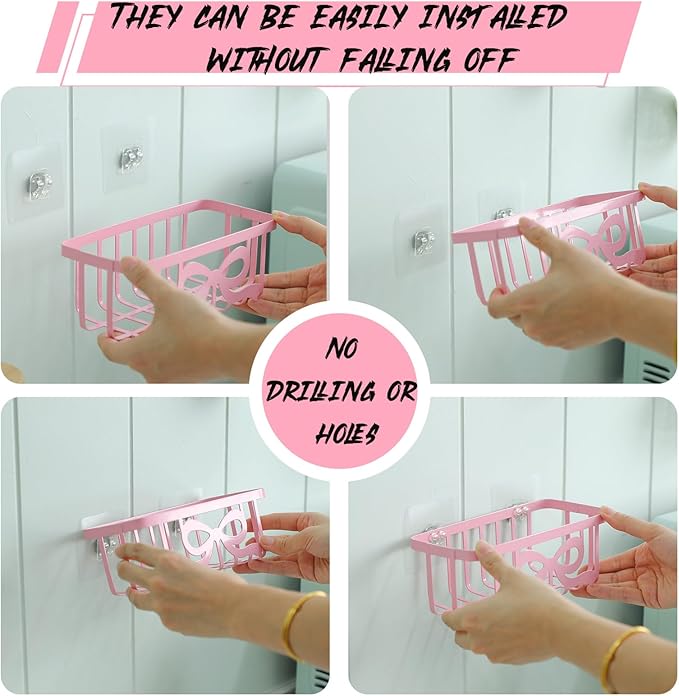 Pink Bow Sponge Holder for Kitchen Sink with Adhesive Mount Cute Bow Metal Sink Decorative In-sink Sponge Holder Organizer Coquette Preppy Pink Kitchen Decor Accessories