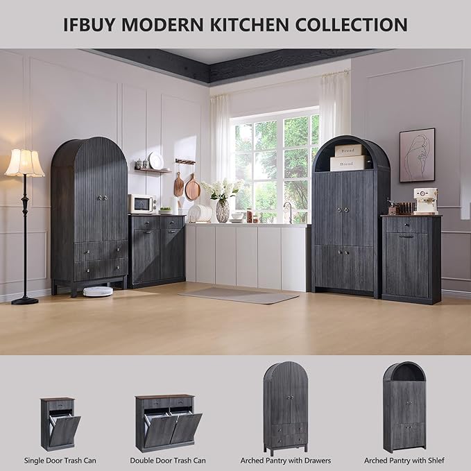 Modern Double Tilt-Out Laundry Hamper Cabinet, 20 Gallon Fluted Trash Can Cabinet w/2 Drawers, Wooden Hidden Garbage Can Cabinets w/Laundry Basket, Free Standing for Bathroom and Kitchen, Grey