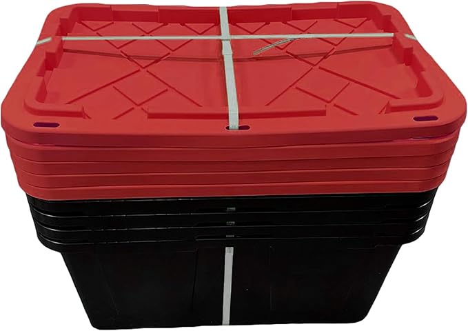MonsterRAX WS-BR27-Z5 Bin Rack with 5-Pack 27 Gallon Storage Totes, Stackable & Lockable, Red Lid/Black Bin