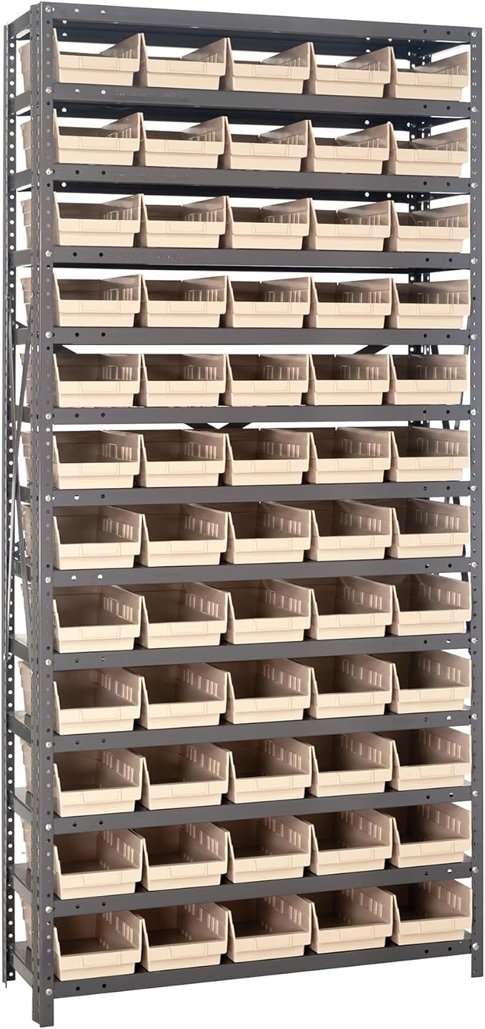 Quantum Storage Systems 1875-104IV Steel Shelving Unit with 4" Shelf Bins, 18" D x 36" W x 75" H, Ivory
