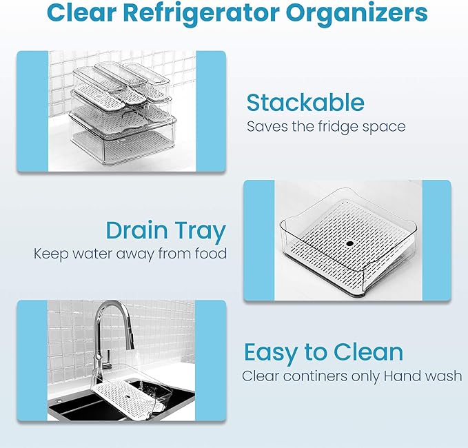 8 Pack Refrigerator Organizers, Clear Pull-out Drawer Container and Organizer Bins with Lids, Stackable Storage Containers for Fruits, Vegetable (Set of 6 (Include Pull-out Drawer))