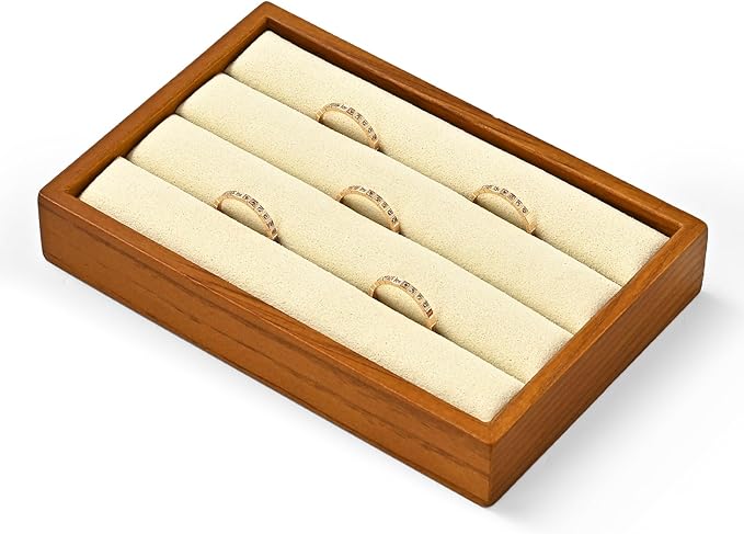 Solid Wood 3-Slots Jewelry Ring Display Tray Showcase Small Jewelry Display Organizer Tray for Rings(M,Beige)