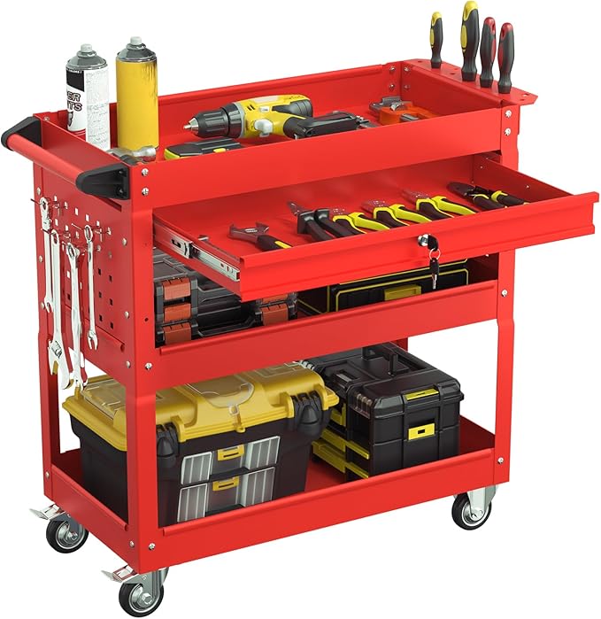 3 Tier Rolling Tool Cart with Drawers, Heavy Duty Utility Cart on Wheels, Large Storage Capability Service Cart for Garage, Warehouse and Repair Shop (Red)