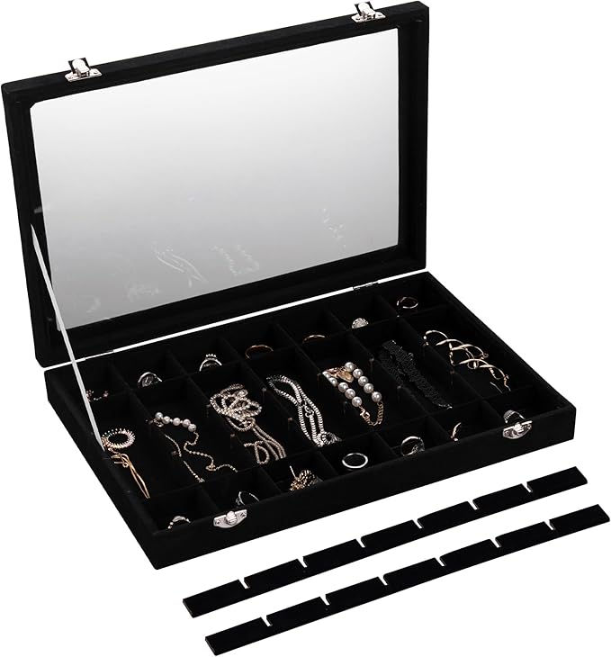 Frebeauty Velvet Jewelry Tray,35 Grid Jewelry Organizer with Clear Lid,Earring Holder Organizer Case with Clasp,Drawer Insert for Rings Studs,13.8 x 9.5 x 2 Inches,Gift for Women Girls(Black)