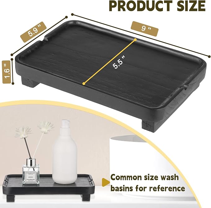 Wood Riser Small Decorative Tray Sink Soap Dish, Vanity Tray Pedestal Stand 9 x 5.9 inches (Black)