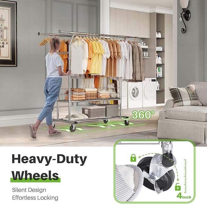 HOKEEPER Heavy Duty Clothes Rack Load 625 LBS, Clothing Rack for Hanging Clothes Adjustable Rolling Garment Rack with Wheels for Bedroom, Living Room (Double Rod with Metal Basket)