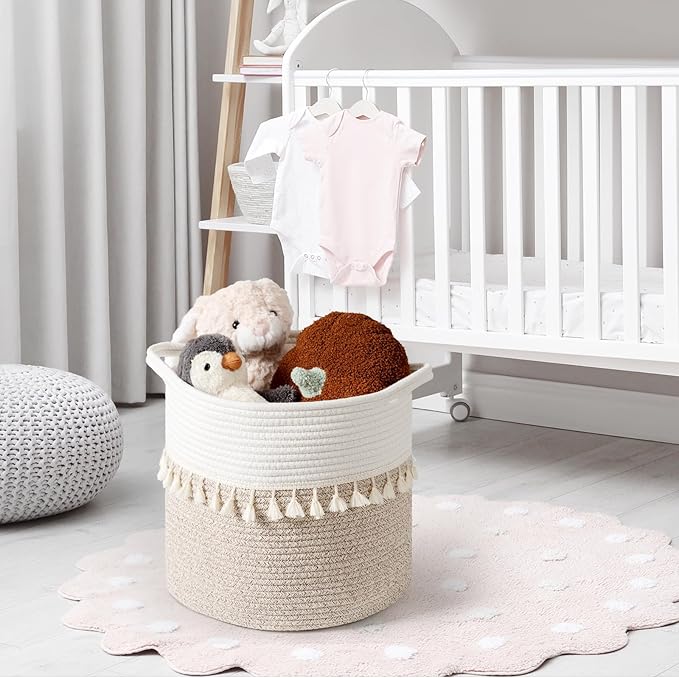 danpinera 11 Inch Storage Baskets Set of 3, Cotton Woven Baskets for Storage with Strong Handles & Stylish Tassel, Storage Bins, Decorative baskets for shelves, Nursery, Laundry, White & Mixed Brown
