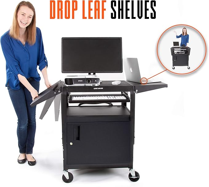 Line Leader Rolling AV Cart with Locking Cabinet, Laptop Stand, and Drop Leaves, Height Adjustable Mobile Utility Cart Workstation with Extra Storage Space, UL-Listed Power Strip (Black / 46 x 18)