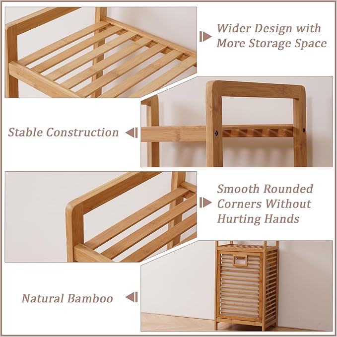 Bamboo Laundry Hamper with 3 Tier Shelves & Tilt Out Basket, Laundry Baskets Organizer Hampers Bathroom Storage Shelf for Laundry Room, Bathroom, Guest Room（3-Tier, Large）