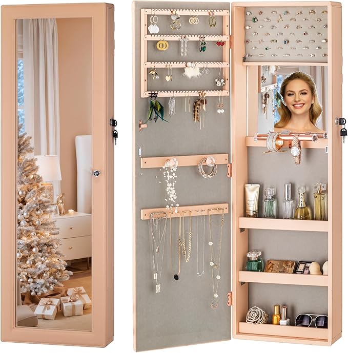 LUXFURNI Jewelry Armoire Organizer, Wall/Door Mounted Cabinet with Full Length Mirror (Peach)