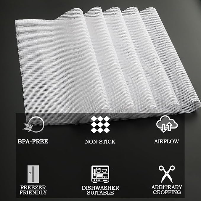 Non-Stick Silicone Dehydrator Liners: 11.4x11.4 inch Fit Cercker/CE-12 Fendia/FDS-10 BPA-Free Easy Clean Reusable Mesh Sheets for Healthy Snacks 12-Pack