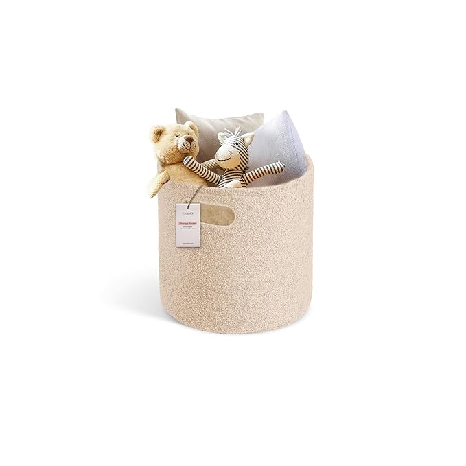 PUTSKA Basket – Round Storage for Toys and Clothes, Stuffed Animals – Soft Baby Girl Basket for Nursery, Kids Room, Bedroom, Living Room – Regular, Cream