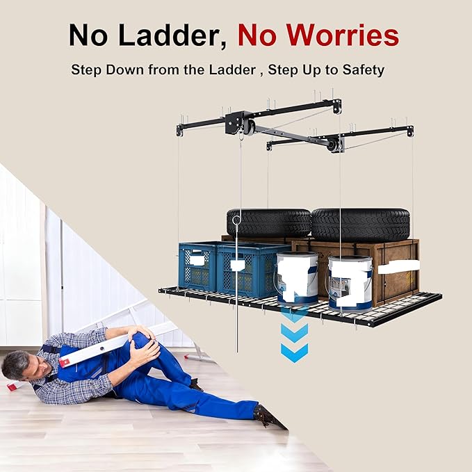 4x8 FT Overhead Garage Storage Rack - 325LBS Heavy-Duty All-Steel Construction | Crank-Down System for High Ceilings 10-12 FT | Manual Safety Lock & Secure Ceiling Installation