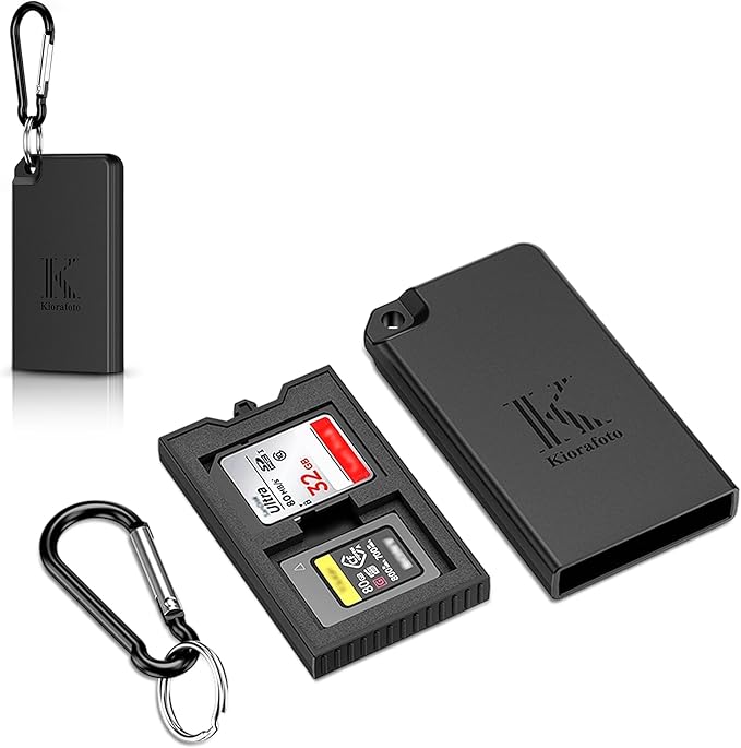 Pop-up Small Memory Card Case Holder for 2 SD SDHC SDXC Cards & 2 CFexpress Type A Cards with Carabiner, Portable Anti-Shock Splash-Proof SD CFA Card Case Storage Protector Organizer Keeper Container