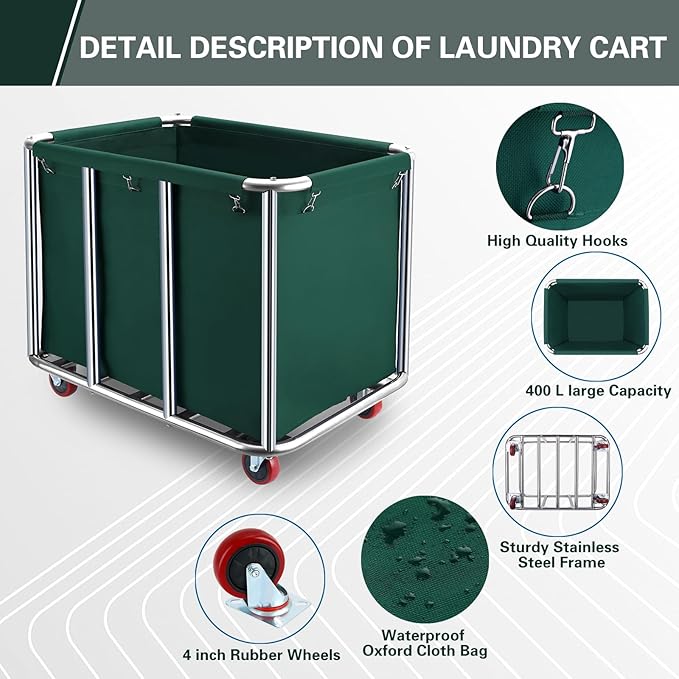Commercial Laundry Cart with Wheels,11.35 Bushel Commercial Laundry Hamper,Industrial Rolling Laundry Basket with Sturdy Stainless Steel Frame and Oxford Bag for Home Hotel 440 lbs (Blackish Green)