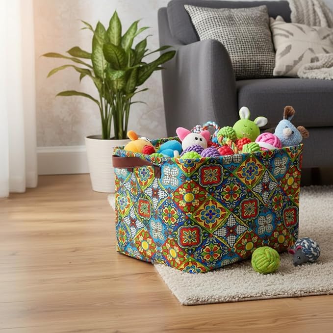Mexican Talavera Decor Storage Basket Waterproof Canvas Toy Storage Bin Mexican Decor For Home Collapsible Outdoor Basket with Leather Handles Mexican Gifts Blanket Baskets For Closets,Bedrooms